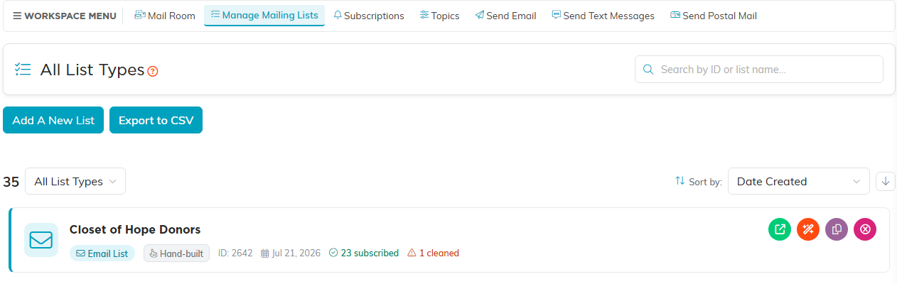 The Manage Mailing Lists page showing the list types and a mailing list row