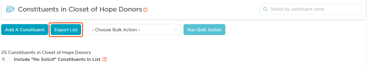 The list members page with the search box, the No Solicit switch and the Export List button outlined