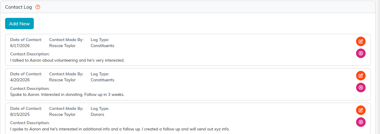 The Contact Log tab with Add New and logged entries