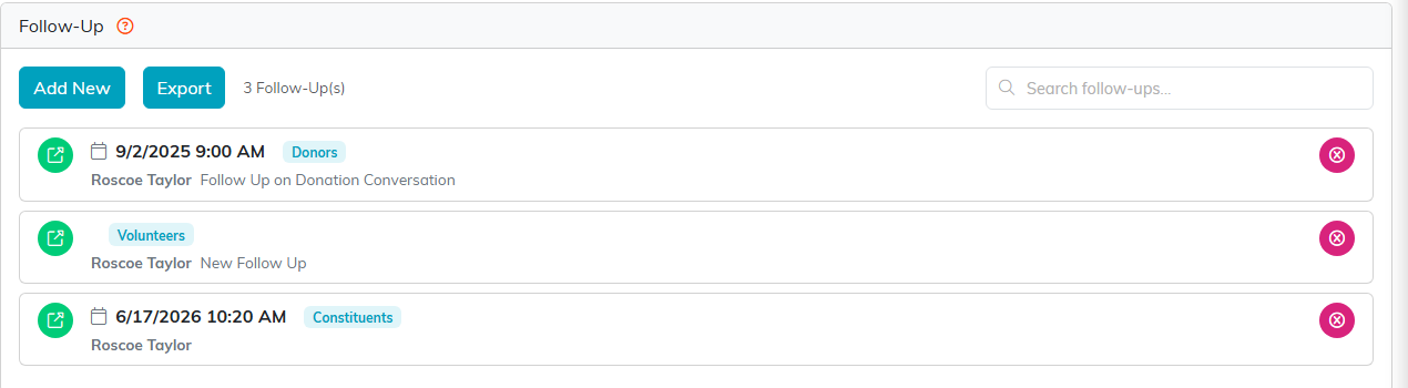 The Follow-Up tab with Add New, Export and search