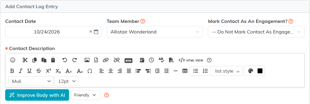 The Add Contact Log Entry form with Contact Date, Team Member, Mark Contact As An Engagement and the required Contact Description