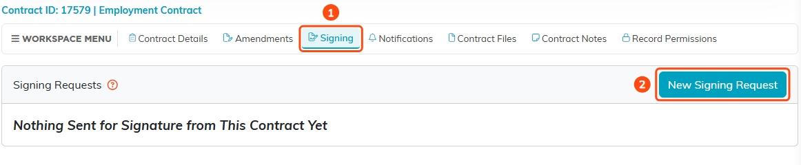 The contract workspace with the Signing tab selected, a help circle beside Signing Requests, and the New Signing Request button