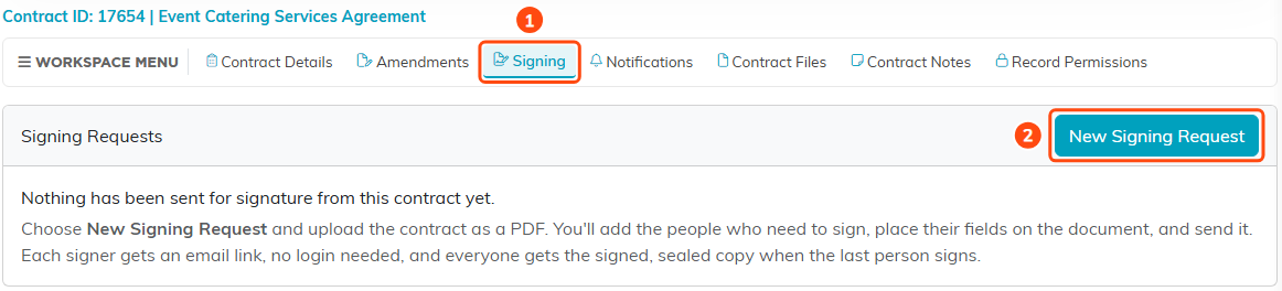 The contract workspace with the Signing tab selected and the New Signing Request button