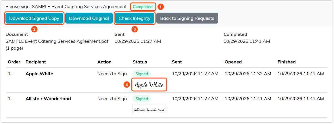 A completed signing request with both recipients Signed, their signatures, and the Download Signed Copy and Check Integrity buttons