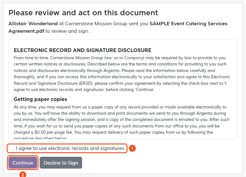 The signer's first page: who sent the document, the Electronic Record and Signature Disclosure, the agree checkbox and the Continue button