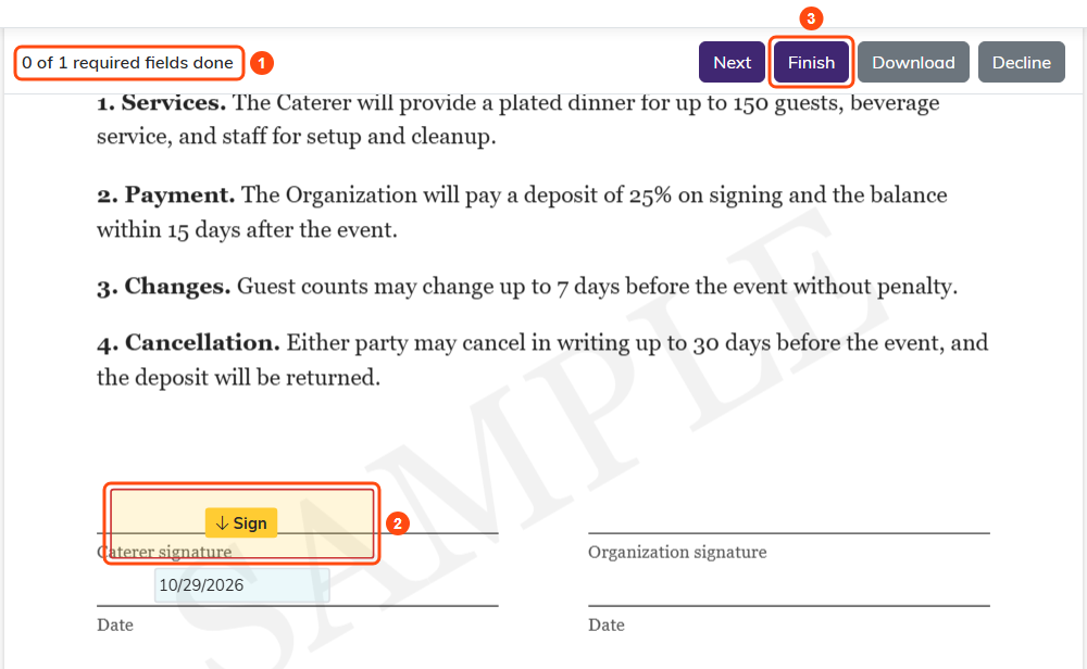 The document with the signer's Signature field marked Sign and the bar reading 0 of 1 required fields done