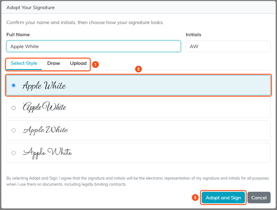 The Adopt Your Signature window with Full Name, Initials, the Select Style, Draw and Upload tabs, and the Adopt and Sign button