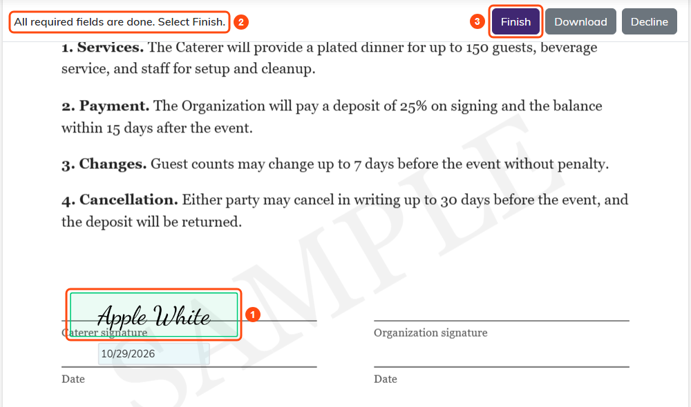 The signed field showing the signer's name in the chosen style, the bar reading All required fields are done, and the Finish button