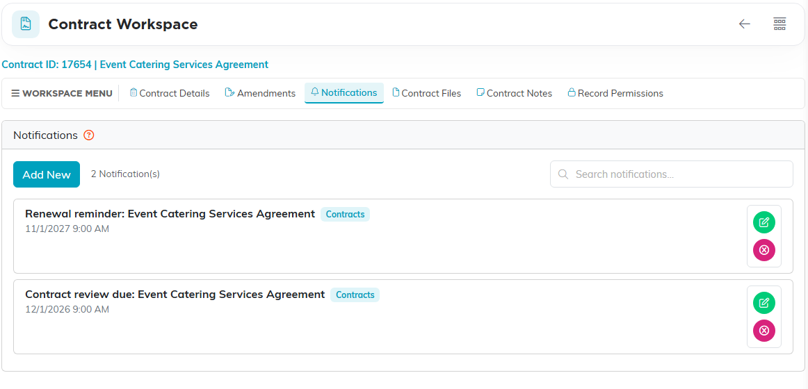 The Notifications page of a contract listing two scheduled reminders, each with a Contracts badge and Edit and Delete icons