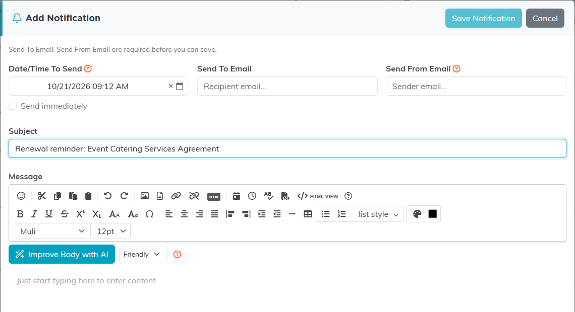 The Add Notification window with the Date/Time To Send, Send To Email, Send From Email, Subject and Message fields
