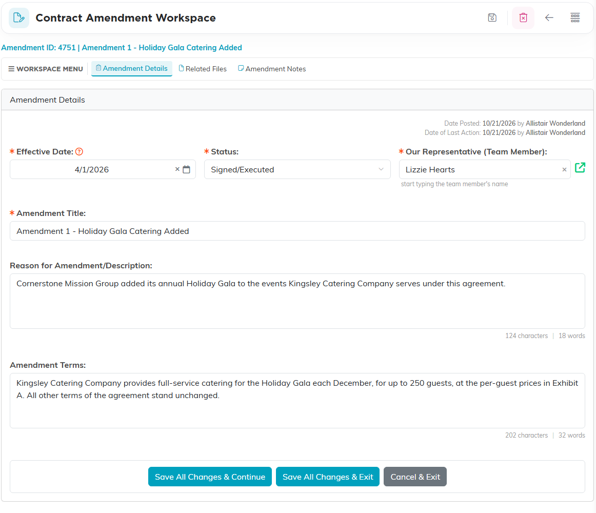 The Amendment Details page of an amendment, with its effective date, status, representative, title, reason and terms filled in