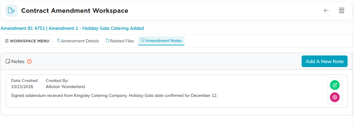 The Amendment Notes page with the Add A New Note button and one note showing its date and author