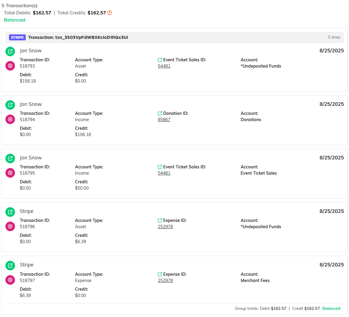 The General Journal searched for one Stripe transaction, showing five lines: Undeposited Funds debited 156.18, Donations credited 106.18, Event Ticket Sales credited 50.00, then Undeposited Funds credited 6.39 and Merchant Fees debited 6.39 for the Stripe fee