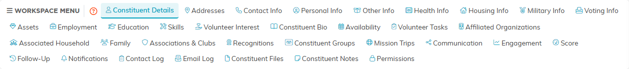 The Constituent Workspace menu showing every tab on a record