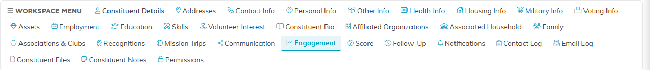 The Constituent Workspace menu showing every tab on a record