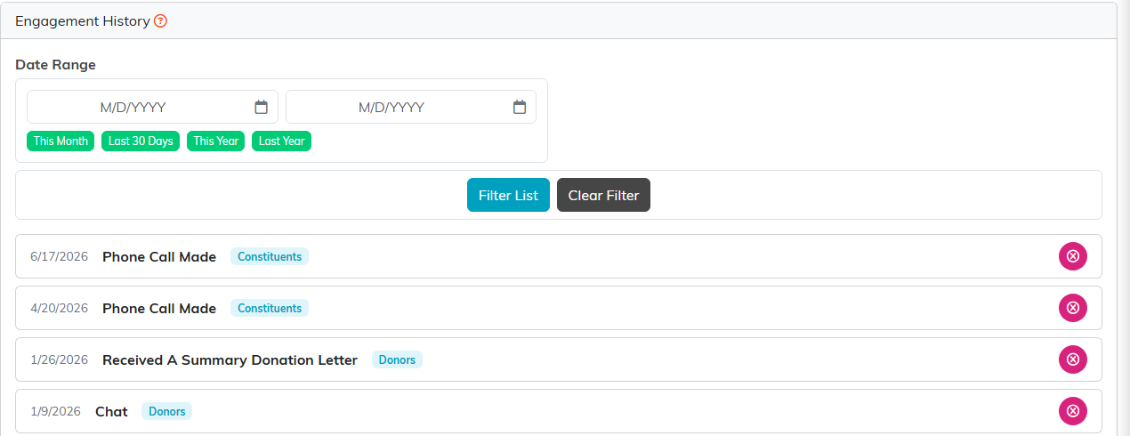 The Engagement History tab with a date range and logged engagements