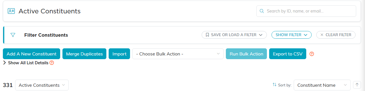 The constituents list with its search box, filter bar and bulk actions