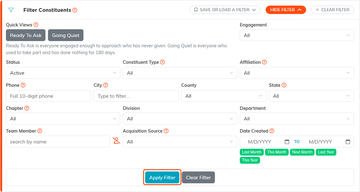The Filter Constituents panel open with Status, Constituent Type, Affiliation, Chapter, Team Member and Date Created, and the Apply Filter button outlined