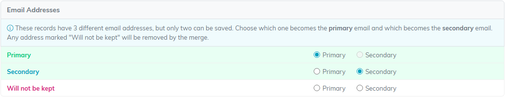 The Email Addresses section on Compare and Resolve, with one address marked Primary, one Secondary and one Will not be kept
