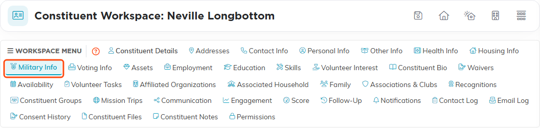 The constituent Workspace Menu with the Military Info tab outlined