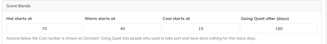 The Score Bands settings showing where Hot, Warm and Cool start