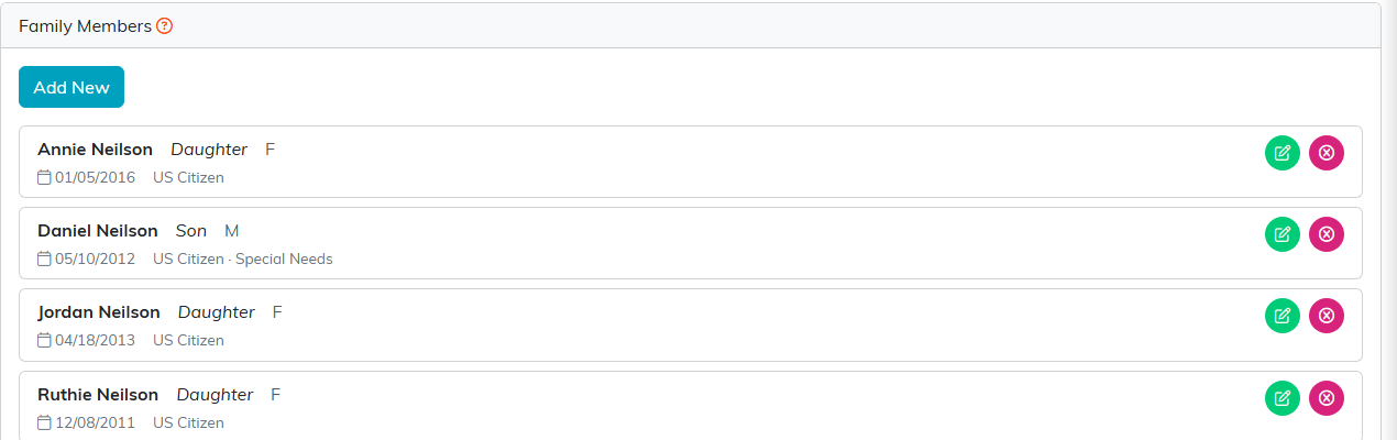 The Family Members tab listing relatives with their relationship