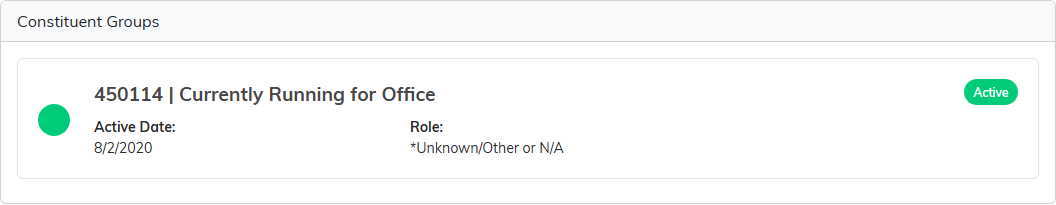 The Constituent Groups tab on a constituent record, showing one group with its active date and role