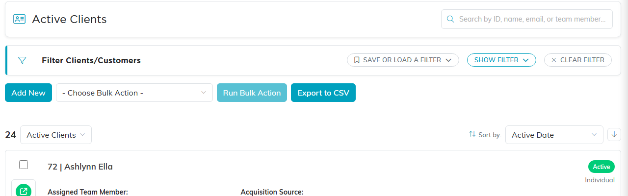 The Clients list with search, filters, Add New and exports