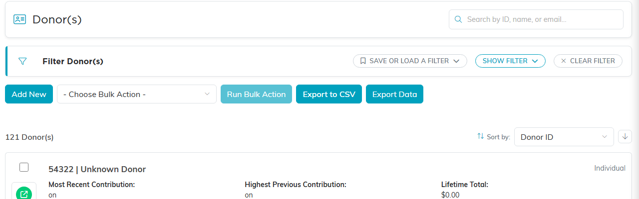 The Donors list with search, filters, Add New and exports