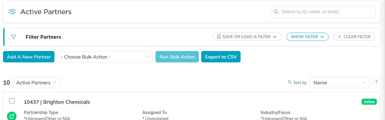 The Partners list with search, filters, Add New and exports