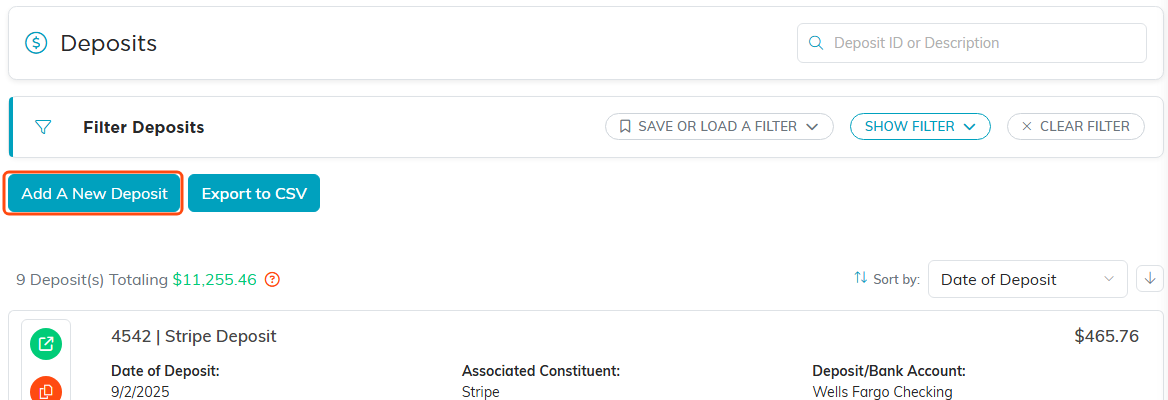 The Deposits list with the Add A New Deposit button highlighted