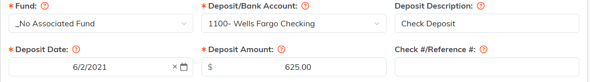 Fund, Deposit slash Bank Account, Deposit Description, Deposit Date, Deposit Amount and Check number fields