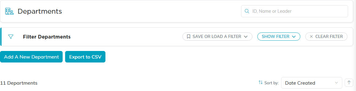 The Departments list header with the search box, the Filter Departments bar, the Add A New Department button, Export to CSV, and the department count