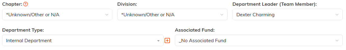 The Chapter, Division, Department Leader, Department Type, and Associated Fund fields on Department Details