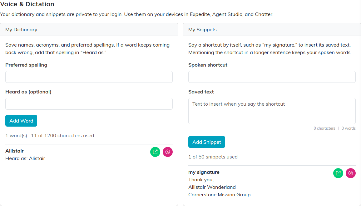 Voice and Dictation on User Settings, with one word in My Dictionary and one snippet, my signature, in My Snippets.