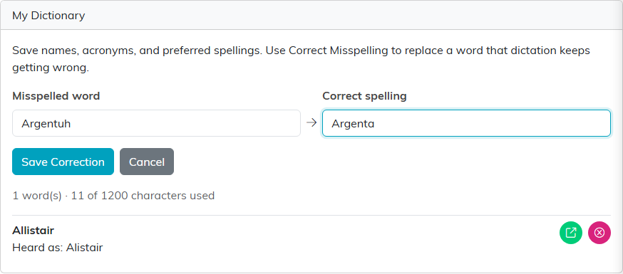 My Dictionary with Correct Misspelling open: Argentuh typed in Misspelled word, Argenta typed in Correct spelling, and the Save Correction and Cancel buttons below.