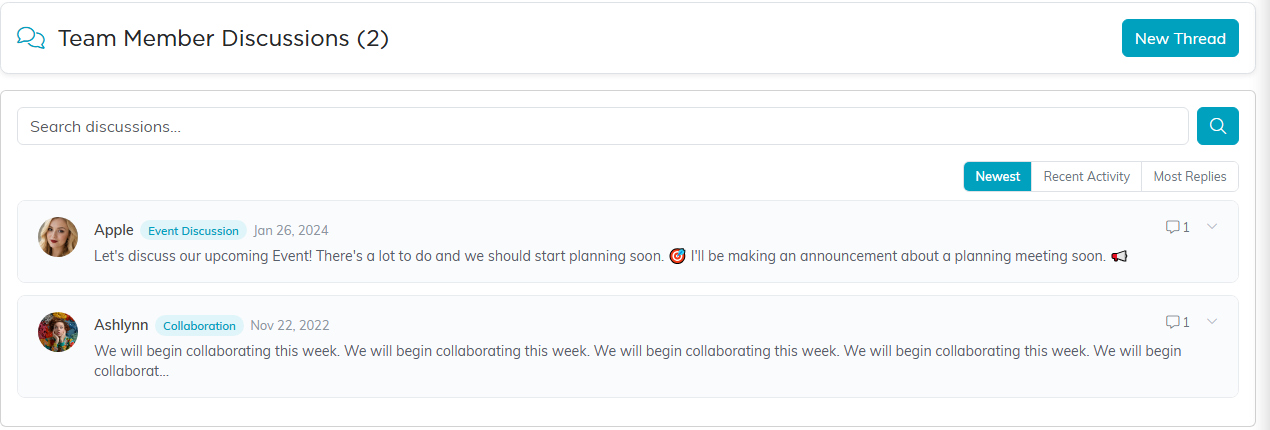 Team Member Discussions with New Thread, search and the sort tabs