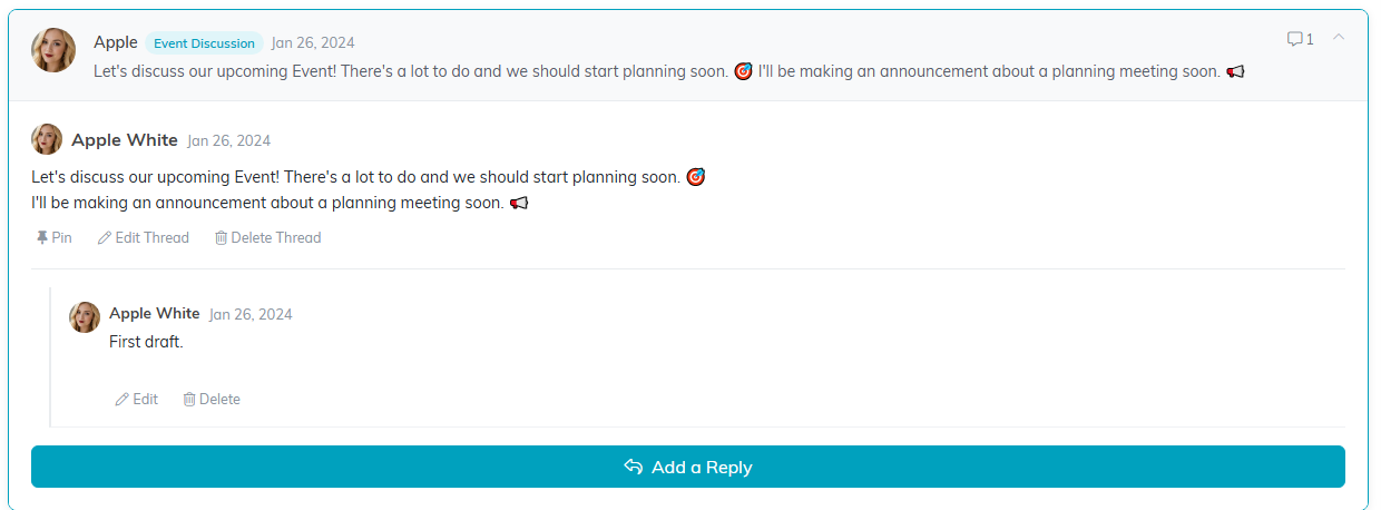 An expanded discussion thread showing Pin, Edit Thread, Delete Thread and Add a Reply