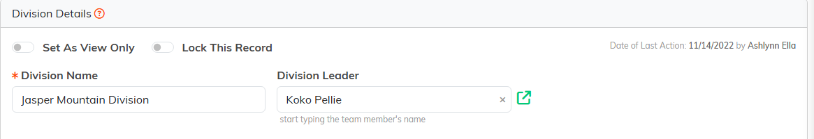 Division Details with the Set As View Only and Lock This Record switches, the required Division Name field, and the Division Leader lookup