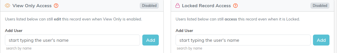 The Record Permissions page with a View Only Access panel and a Locked Record Access panel, each with an Add User box and an Add button