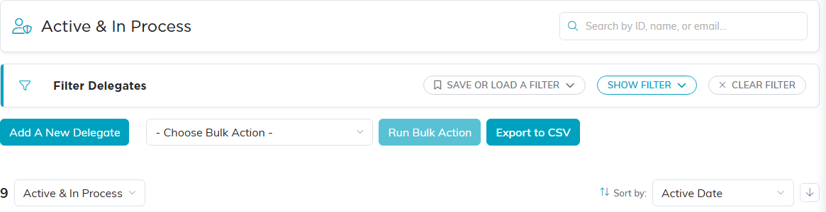 The Delegates list header with the search box, the Filter Delegates bar, the Add A New Delegate button, bulk actions, Export to CSV, and the delegate count