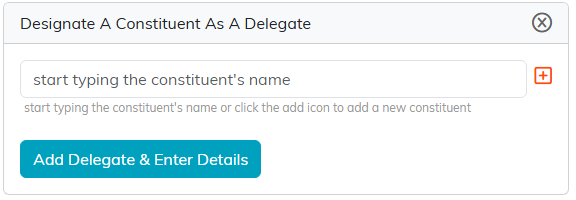 The Designate A Constituent As A Delegate panel with a constituent name box, an orange add icon, and the Add Delegate and Enter Details button