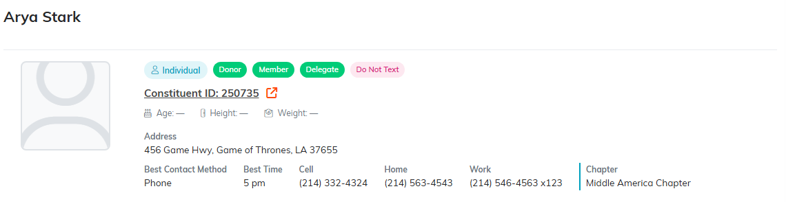 The constituent card at the top of Delegate Details with a photo placeholder, role badges, the constituent ID link, address, contact numbers, and chapter