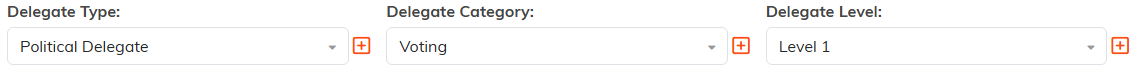 The Delegate Type, Delegate Category, and Delegate Level drop-downs with an orange add icon beside each