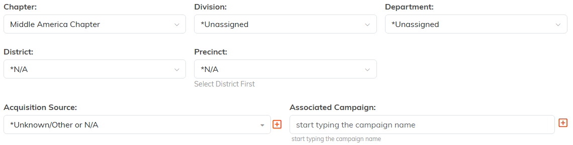The Chapter, Division, Department, District, Precinct, Acquisition Source, and Associated Campaign fields