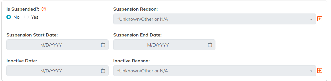 The suspension panel with Is Suspended, Suspension Reason, Suspension Start Date, Suspension End Date, Inactive Date, and Inactive Reason