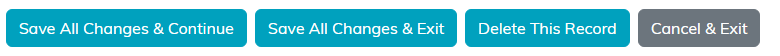 The Save All Changes and Continue, Save All Changes and Exit, Delete This Record, and Cancel and Exit buttons