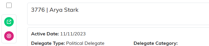 A delegate row showing the checkbox, the green open icon, and the pink delete icon beside the delegate ID and name