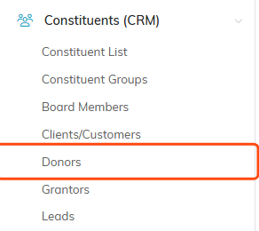 The Constituents CRM menu expanded with Donors highlighted
