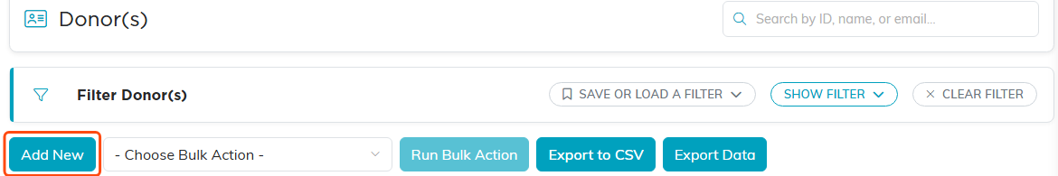 The donor list header with the Add New button highlighted